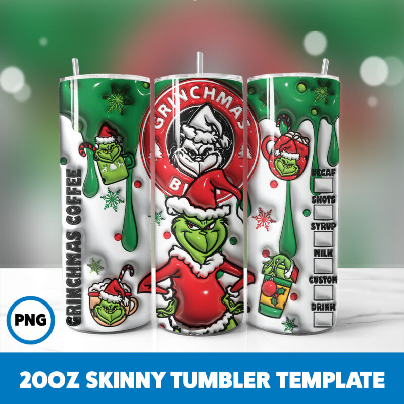 3D Inflated Grinchmas 20 20oz Skinny Tumbler Sublimation Design