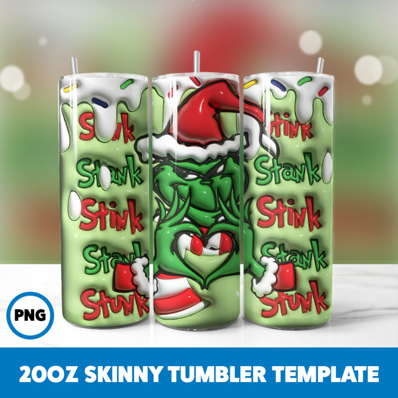 3D Inflated Grinchmas 24 20oz Skinny Tumbler Sublimation Design