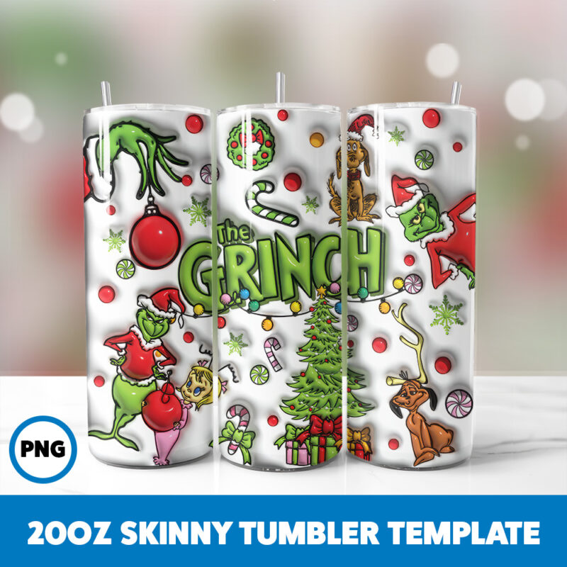3D Inflated Grinchmas 32 20oz Skinny Tumbler Sublimation Design
