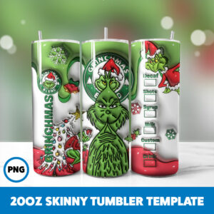 3D Inflated Grinchmas 35 20oz Skinny Tumbler Sublimation Design