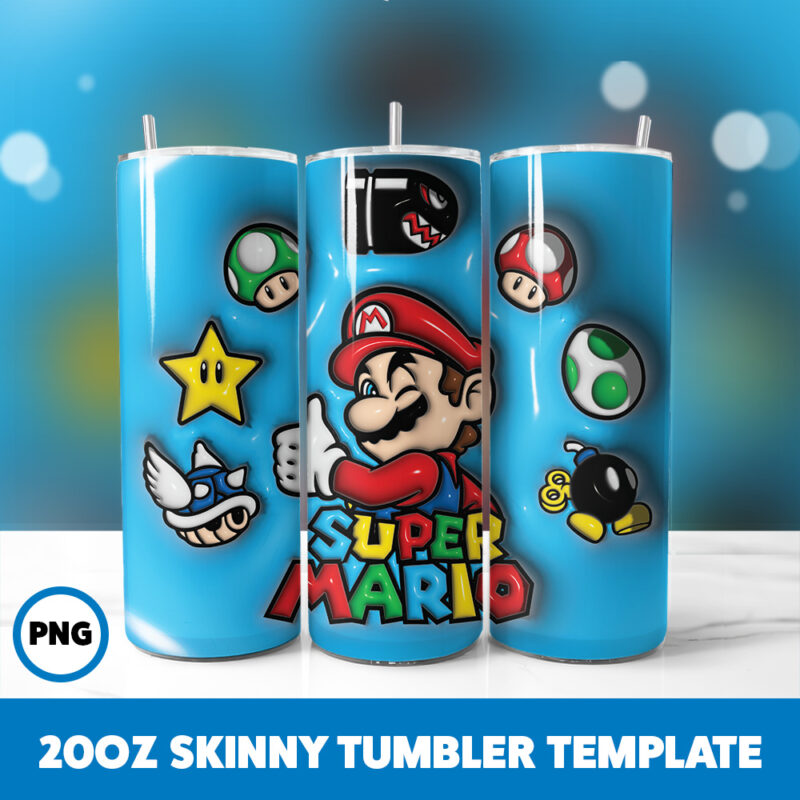 3D Inflated Super Mario 5 20oz Skinny Tumbler Sublimation Design
