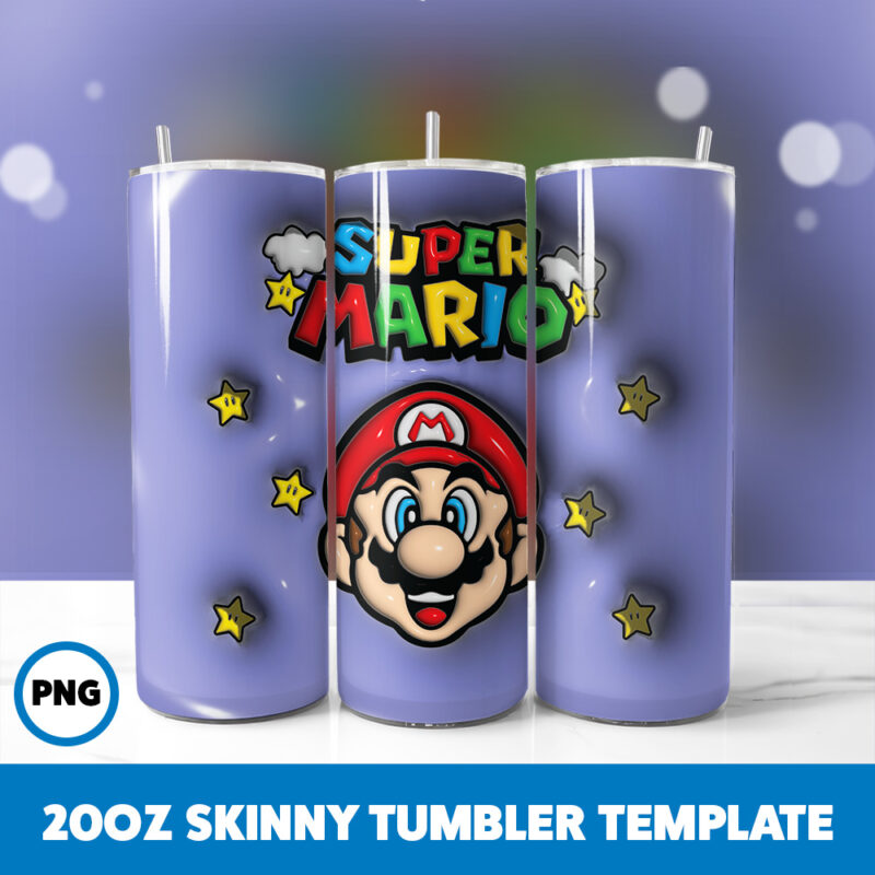 3D Inflated Super Mario 6 20oz Skinny Tumbler Sublimation Design