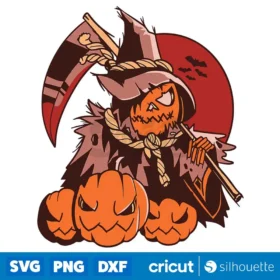 Halloween Scarecrow With Pumpkins And Scythe Red Moon Svg Digital Download Svg