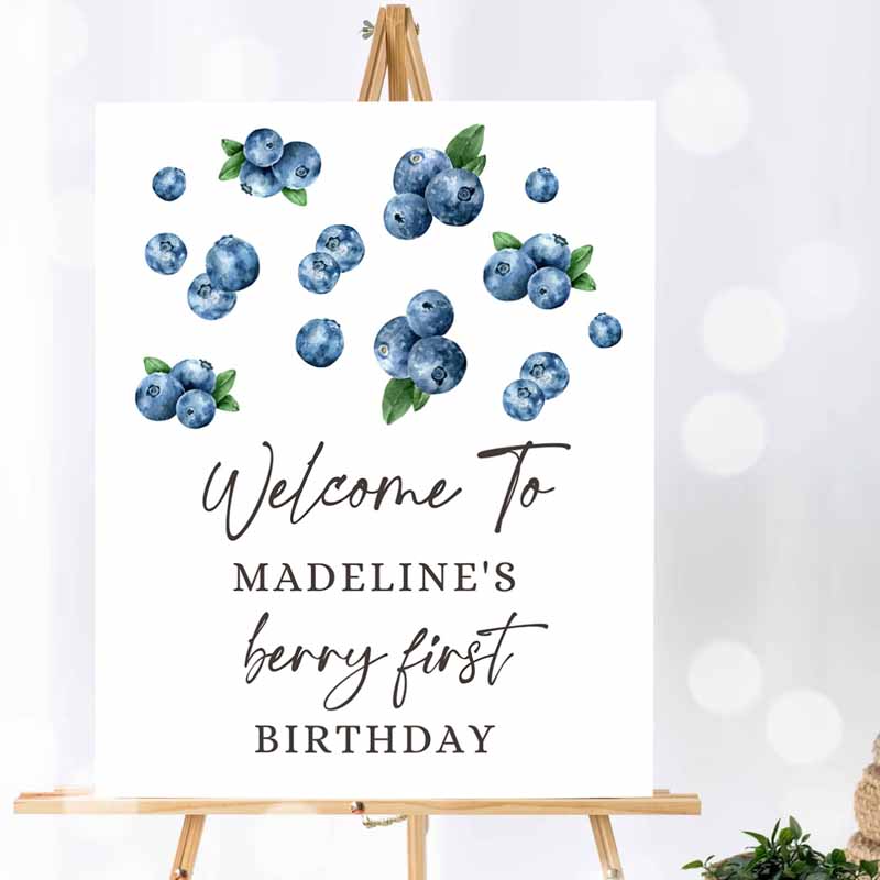 1 Editable Berry First Birthday Welcome Sign Blueberries Blueberry Party Welcome Farmers Market Boy Watercolor Template PRINTABLE Corjl 0399
