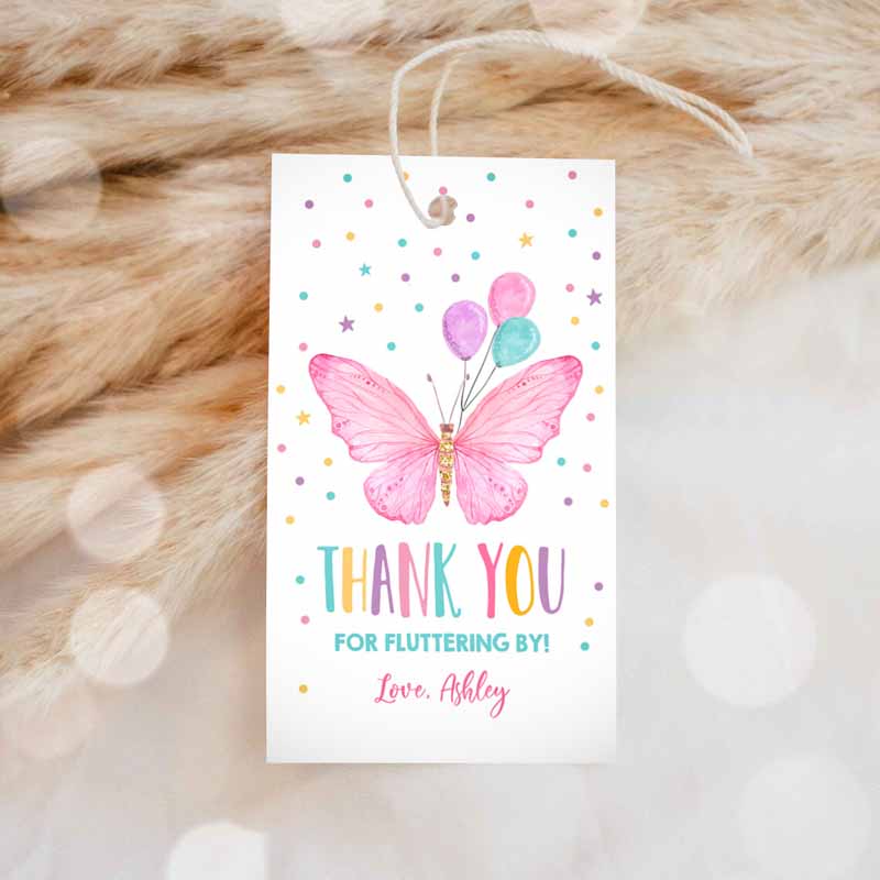 1 Editable Butterfly Favor Tag Birthday Favors Thank You Fluttering By Girl Pink Balloons Confetti Gold Gift Corjl Template Printable 0162