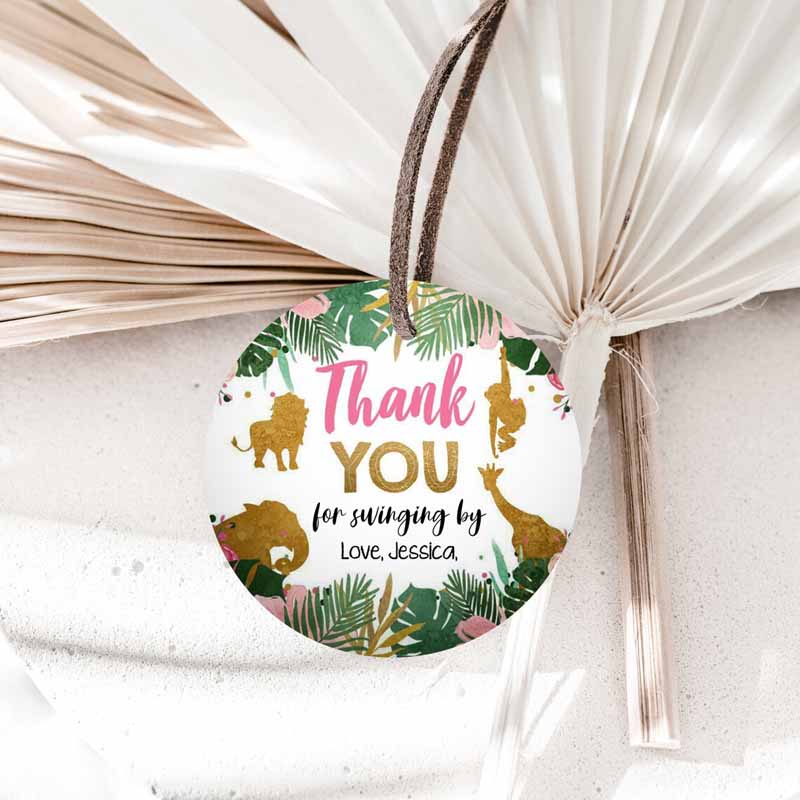 1 Editable Safari Animals Favor Tags Thank You Tags Wild One Round Square Jungle Pink Gold Gift Tag Girl Pink Swinging By Corjl Template 0016