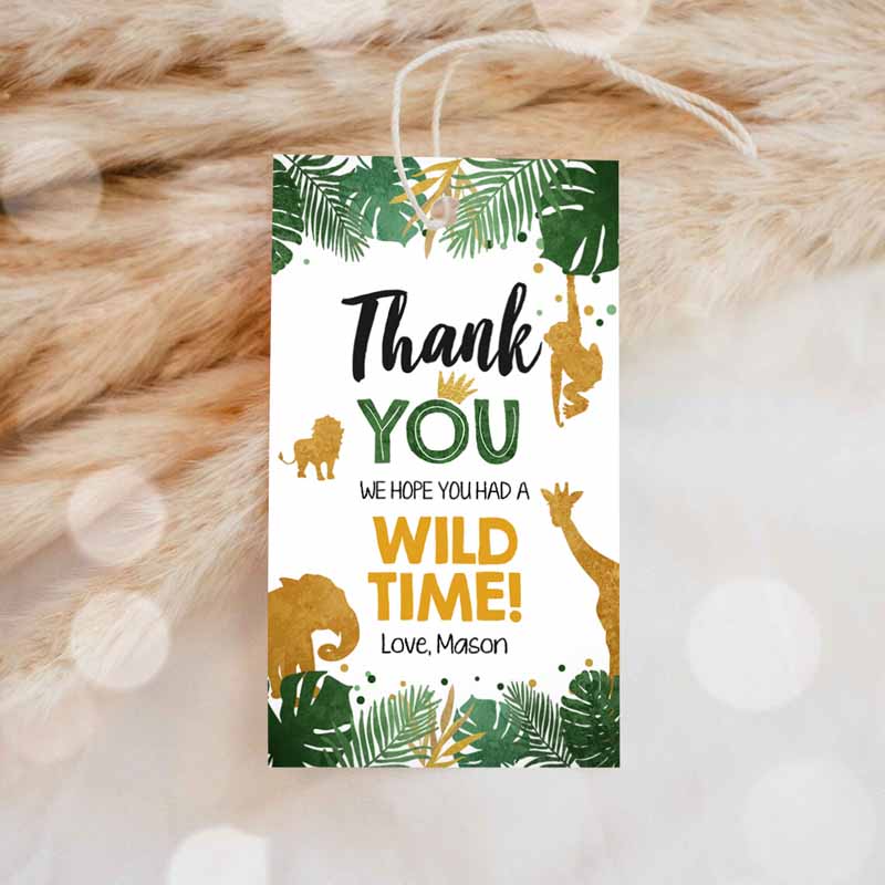 1 Editable Safari Animals Favor Tags Wild One Thank You Tags Wild Time Label Tags Jungle Boy Gold Green Gift Tags Zoo Corjl Template 0016
