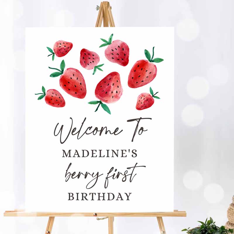 1 Editable Strawberry Welcome Sign Strawberry Birthday Welcome Farmers Market Girl Berry First Watercolor Template PRINTABLE Corjl 0399