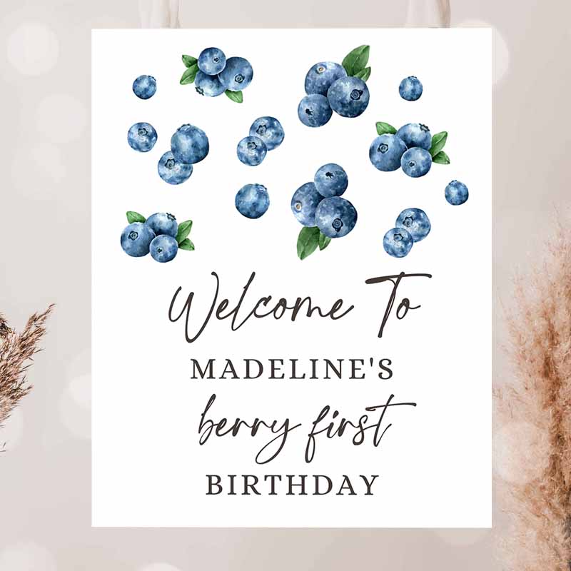 2 Editable Berry First Birthday Welcome Sign Blueberries Blueberry Party Welcome Farmers Market Boy Watercolor Template PRINTABLE Corjl 0399
