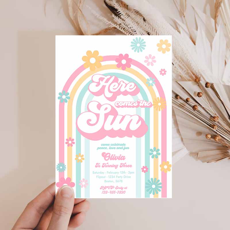 2 Editable Groovy Here Comes The Sun 1st Birthday Party Invitation Peace Love Party Rainbow Floral Daisy Hippie 70s Part