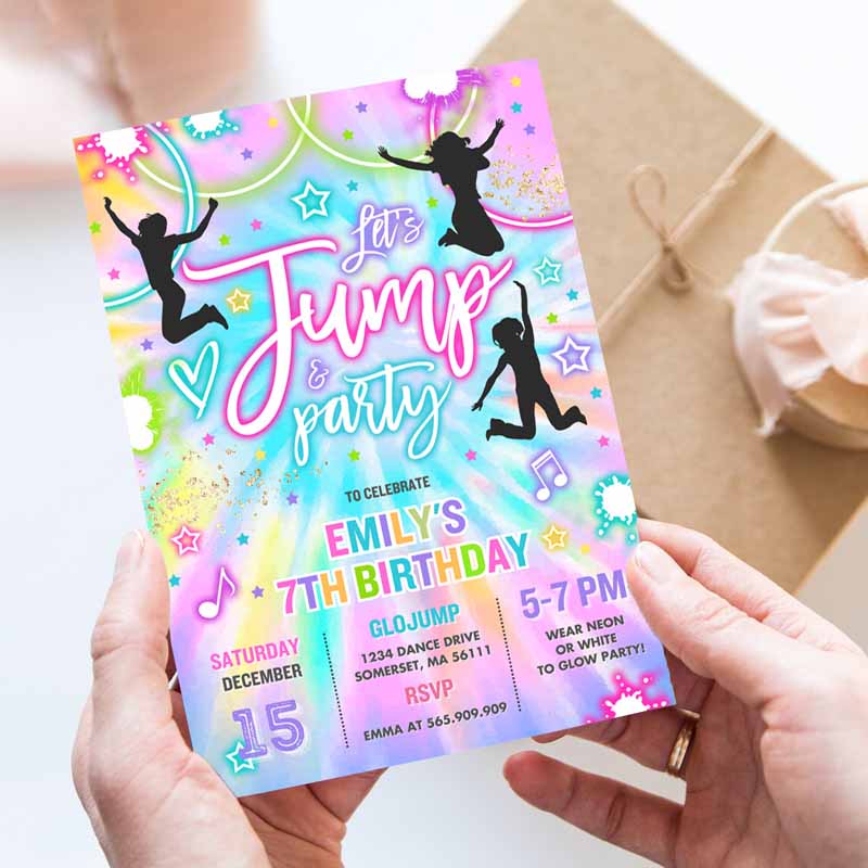 2 Editable Jump Birthday Party Invitation Tie Dye Jump Birthday Party Glow Jump Trampoline Party Lets Jump Party Instant Editable File TN