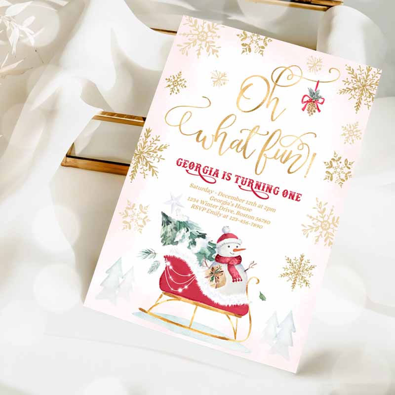2 Editable Oh What Fun Winter Birthday Invitation Red Winter Sleigh Birthday Christmas Holiday Sleigh Party