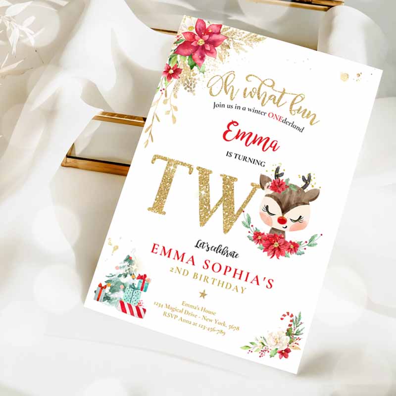 2 Editable Reindeer Winter Wonderland Birthday Invitation Reindeer Christmas 2nd Birthday Invite Christmas 2nd Birthday