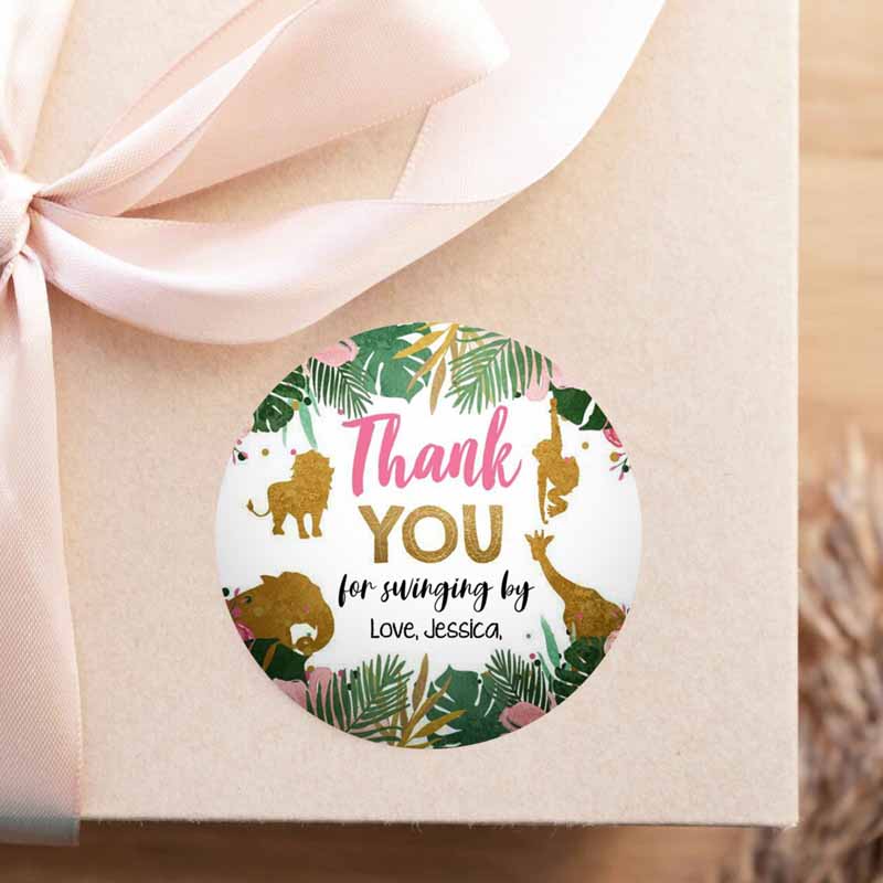 2 Editable Safari Animals Favor Tags Thank You Tags Wild One Round Square Jungle Pink Gold Gift Tag Girl Pink Swinging By Corjl Template 0016