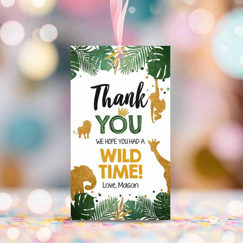 2 Editable Safari Animals Favor Tags Wild One Thank You Tags Wild Time Label Tags Jungle Boy Gold Green Gift Tags Zoo Corjl Template 0016