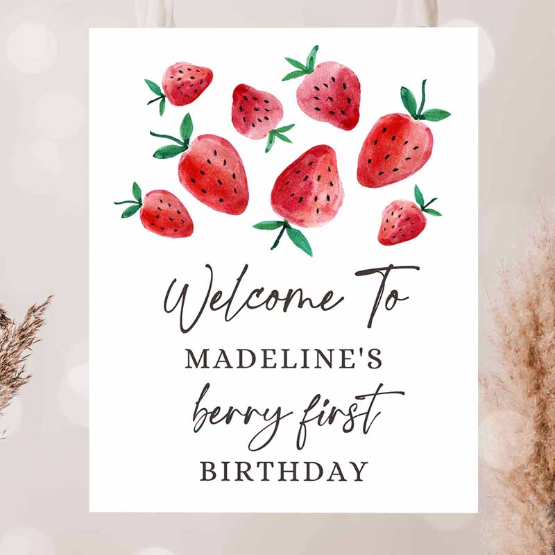 2 Editable Strawberry Welcome Sign Strawberry Birthday Welcome Farmers Market Girl Berry First Watercolor Template PRINTABLE Corjl 0399