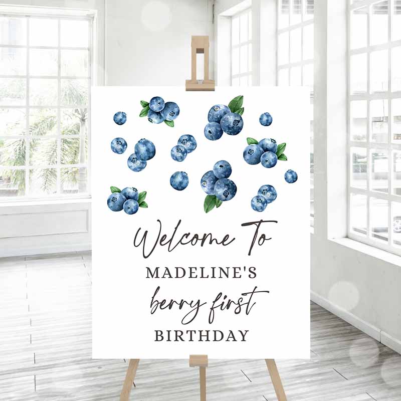 3 Editable Berry First Birthday Welcome Sign Blueberries Blueberry Party Welcome Farmers Market Boy Watercolor Template PRINTABLE Corjl 0399