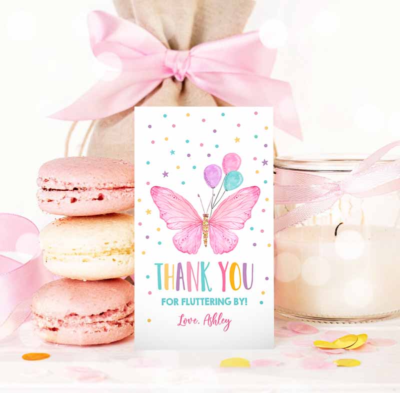 3 Editable Butterfly Favor Tag Birthday Favors Thank You Fluttering By Girl Pink Balloons Confetti Gold Gift Corjl Template Printable 0162