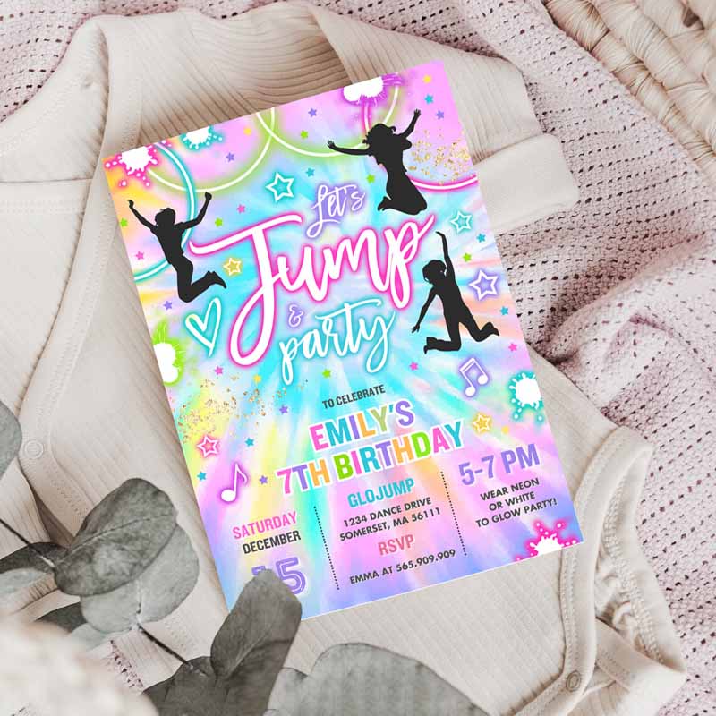 3 Editable Jump Birthday Party Invitation Tie Dye Jump Birthday Party Glow Jump Trampoline Party Lets Jump Party Instant Editable File TN