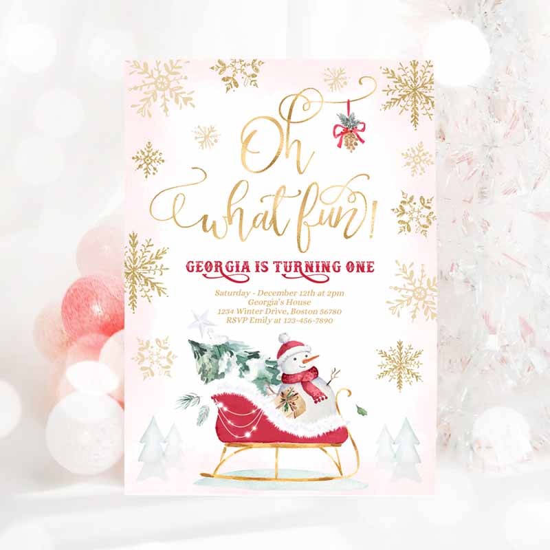 3 Editable Oh What Fun Winter Birthday Invitation Red Winter Sleigh Birthday Christmas Holiday Sleigh Party