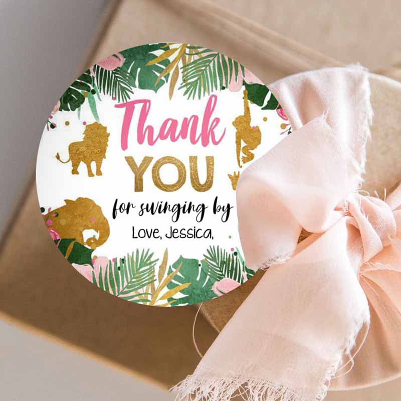 3 Editable Safari Animals Favor Tags Thank You Tags Wild One Round Square Jungle Pink Gold Gift Tag Girl Pink Swinging By Corjl Template 0016