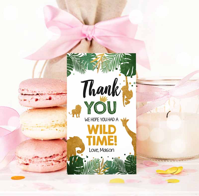 3 Editable Safari Animals Favor Tags Wild One Thank You Tags Wild Time Label Tags Jungle Boy Gold Green Gift Tags Zoo Corjl Template 0016
