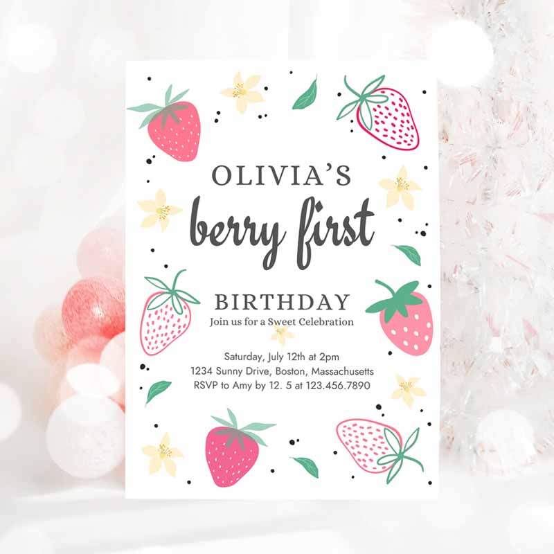 3 Editable Strawberry 1st Birthday Party Invite Berry First Birthday Invitation Summer Berries 1st Birthday Berry Sweet