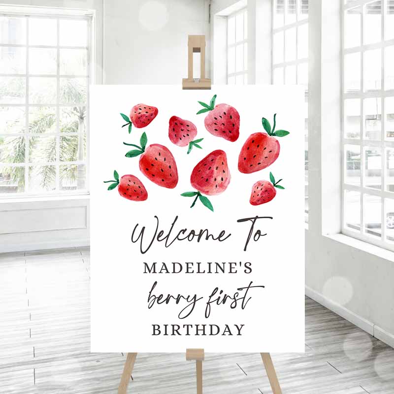 3 Editable Strawberry Welcome Sign Strawberry Birthday Welcome Farmers Market Girl Berry First Watercolor Template PRINTABLE Corjl 0399