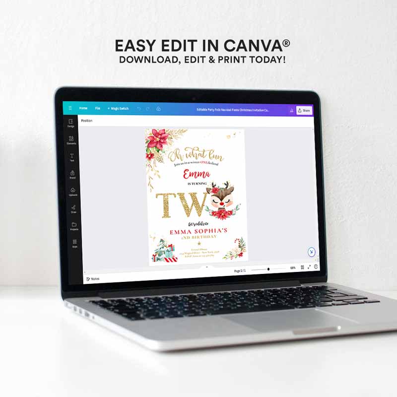 4 Editable Reindeer Winter Wonderland Birthday Invitation Reindeer Christmas 2nd Birthday Invite Christmas 2nd Birthday