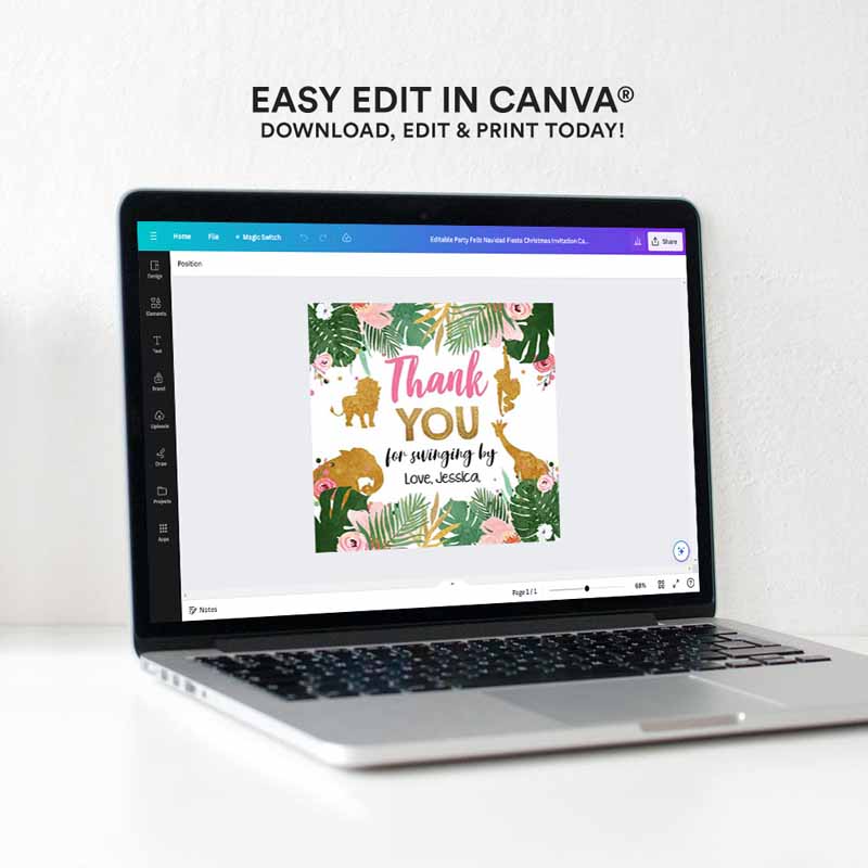 4 Editable Safari Animals Favor Tags Thank You Tags Wild One Round Square Jungle Pink Gold Gift Tag Girl Pink Swinging By Corjl Template 0016