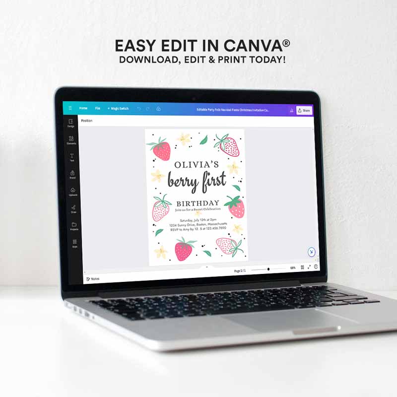 4 Editable Strawberry 1st Birthday Party Invite Berry First Birthday Invitation Summer Berries 1st Birthday Berry Sweet