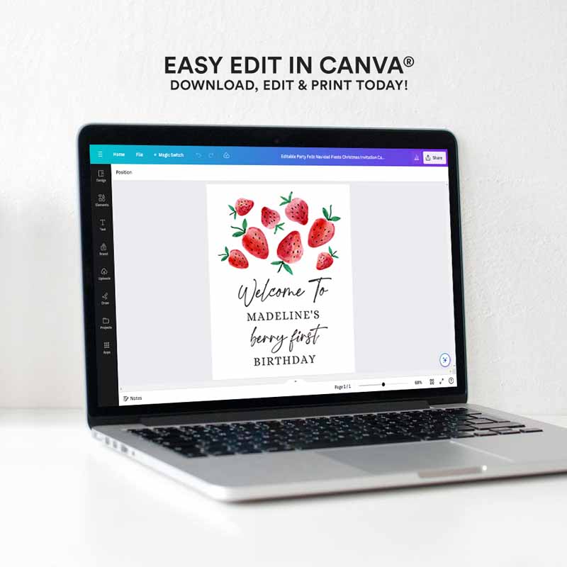 4 Editable Strawberry Welcome Sign Strawberry Birthday Welcome Farmers Market Girl Berry First Watercolor Template PRINTABLE Corjl 0399