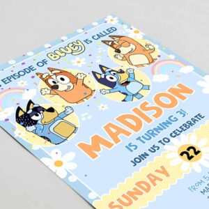 Bluey Birthday Invitation, Cartoon Bluey Pink Yellow Girl 3rd Party Birthday Invitation, Bluey Party Invitation