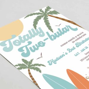 Boy Surf Surfing 2nd Birthday Totally Two-bular Modern Minimal Surfboard Beach Party Invitation