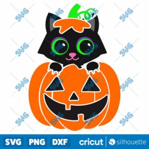 Cat In A Halloween Pumpkin SVG, Funny Cute Black Cat design