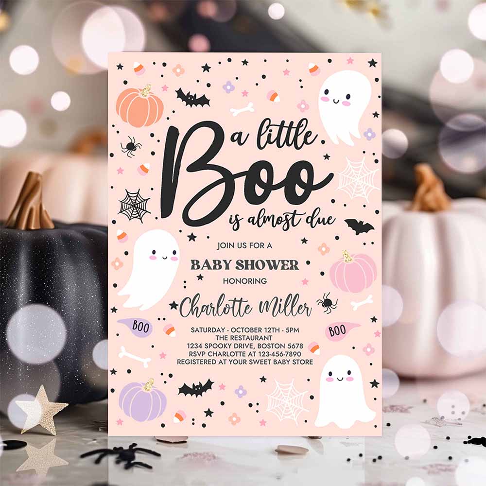 Editable Little Boo Baby Shower Invitation Purple Ghost Girl Baby Shower Invitation Halloween Purple Ghost Baby Shower Instant Download T4