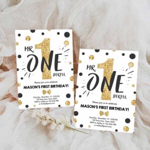 Mr Onederful Birthday Invitation, White and Gold Boy Birthday Bow Tie 1st Birthday