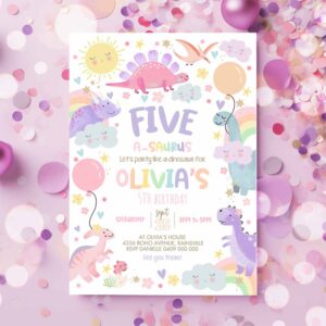 Pastel Dinosaur Invitation, Girl Dinosaur Five-a-saurus Invitation