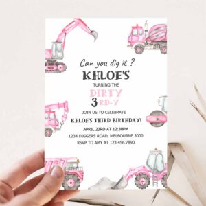 Pink Construction Dirty 3RD-Y Birthday Invitation, Girl Construction Trucks 3rd B'day Invite, Digger Truck Party