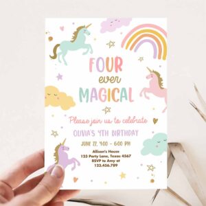Unicorn 4th Birthday Invitation, Four Ever Magical Party Invite Girl Pastel Fourth Birthday