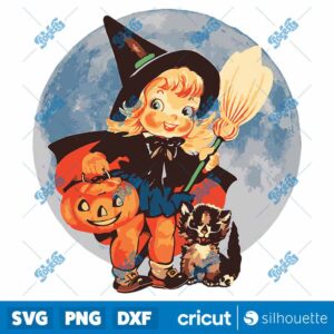 Vintage Halloween Art Retro Cute Witch Pumpkin Cat SVG
