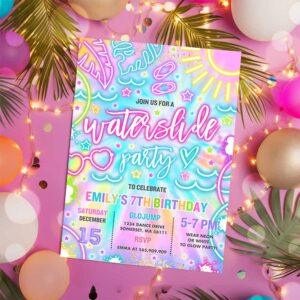 Water Slide Birthday Party Invitation, Glow Neon Tie Dye Summer Water Slide Splash Pad Water Park Birthday Party