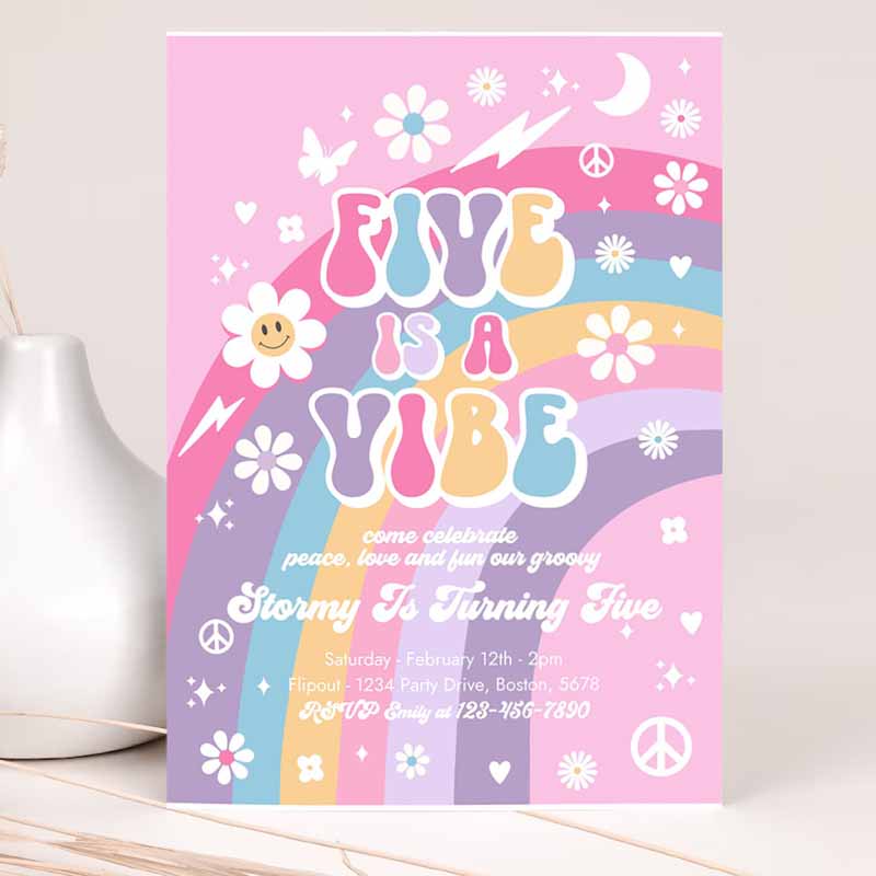 Editable five is a vibe groovy 5th birthday party invitation pink purple blue groovy rainbow hippie 70s 5th birthday