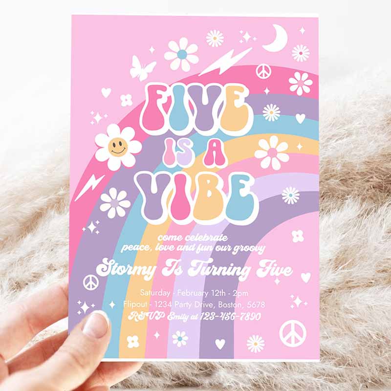 Editable five is a vibe groovy 5th birthday party invitation pink purple blue groovy rainbow hippie 70s 5th birthday
