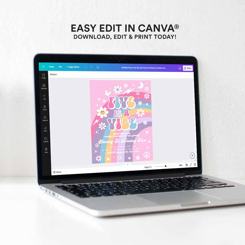 Editable five is a vibe groovy 5th birthday party invitation pink purple blue groovy rainbow hippie 70s 5th birthday