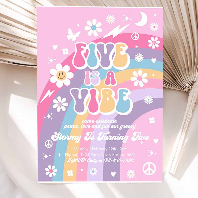 Editable five is a vibe groovy 5th birthday party invitation pink purple blue groovy rainbow hippie 70s 5th birthday