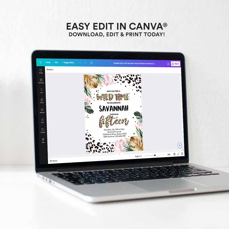 Editable leopard print 7th birthday party invitation wild 7th birthday invitation leopard print jungle 7th birthday party